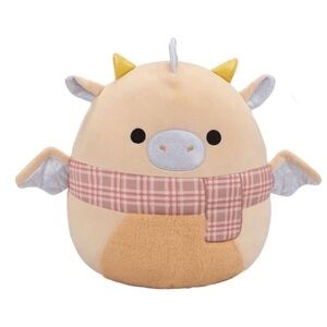 Squishmallows Beige Pink Plaid Scarf Dragon Plush